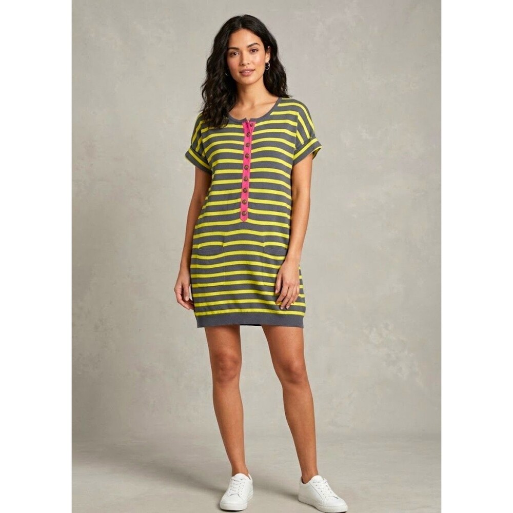 Nanette Lepore Striped Knit T-Shirt Dress Blue/Yellow Pink Buttons Pockets L